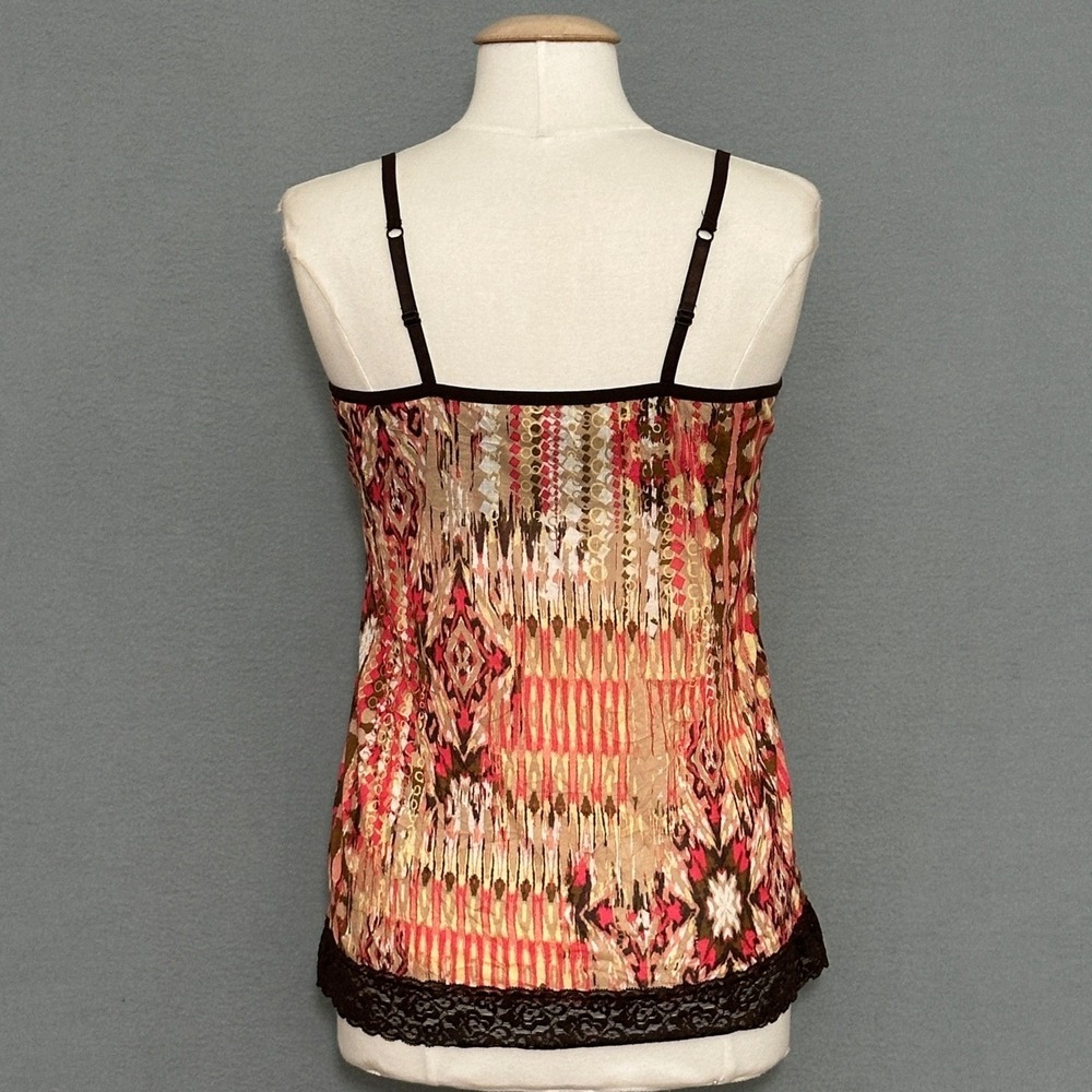 VTG Boho Festival Top L Brown Pink Abstract Lace Trim Camisole Earthy Y2K Indie - Picture 5 of 15